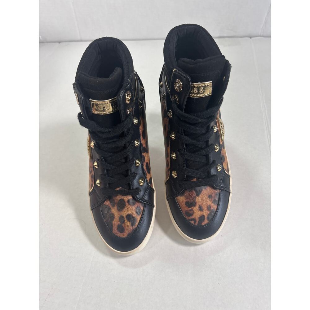 Trendy Guess Porcia Leopard Print High Top Sneakers 5M Gold Accents
